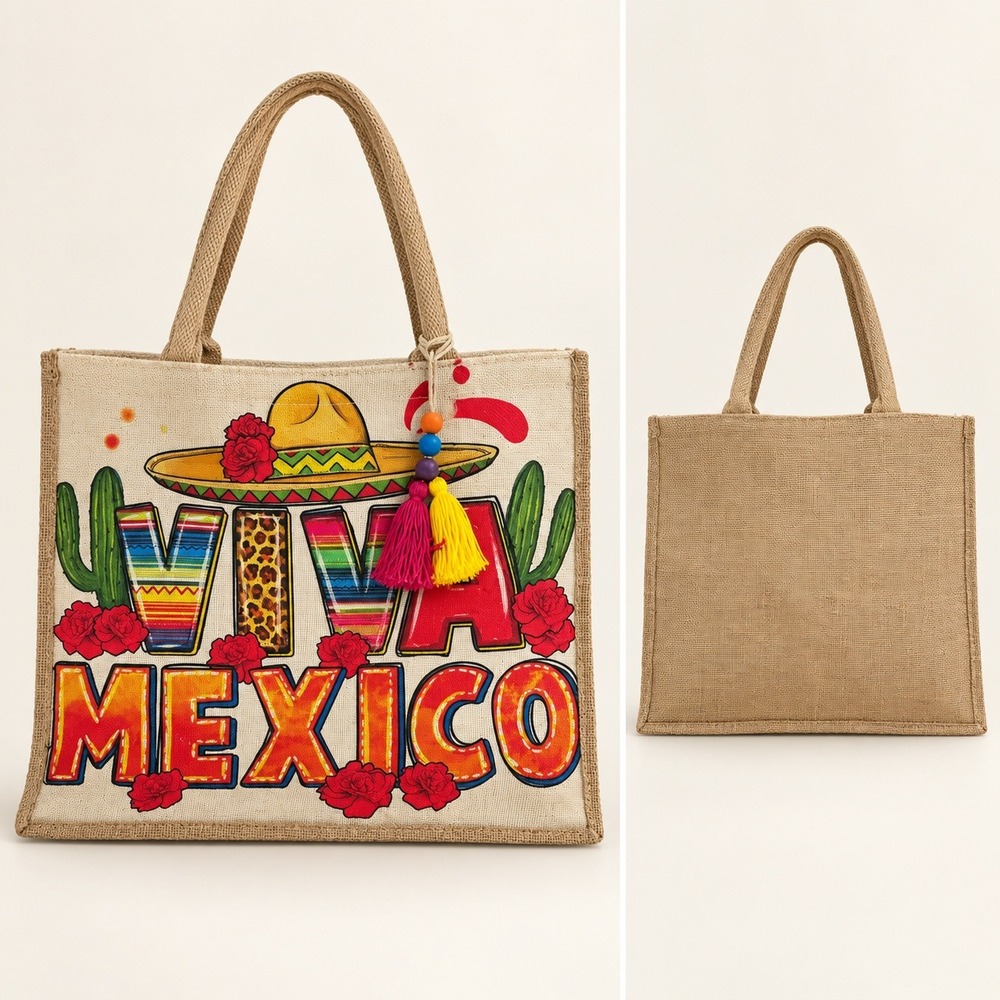 Viva Mexico Jute Burlap Tote Bag Tassel Beaded Zip Souvenir Beach Bag Tan Multi